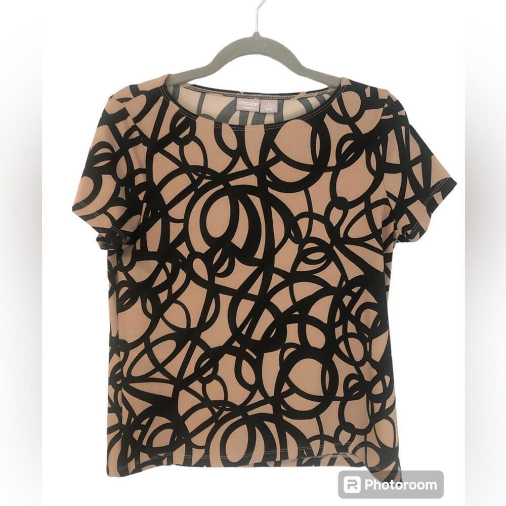 Chico’s Travelers Tee Shirt Scribble Pattern Beige and Black
